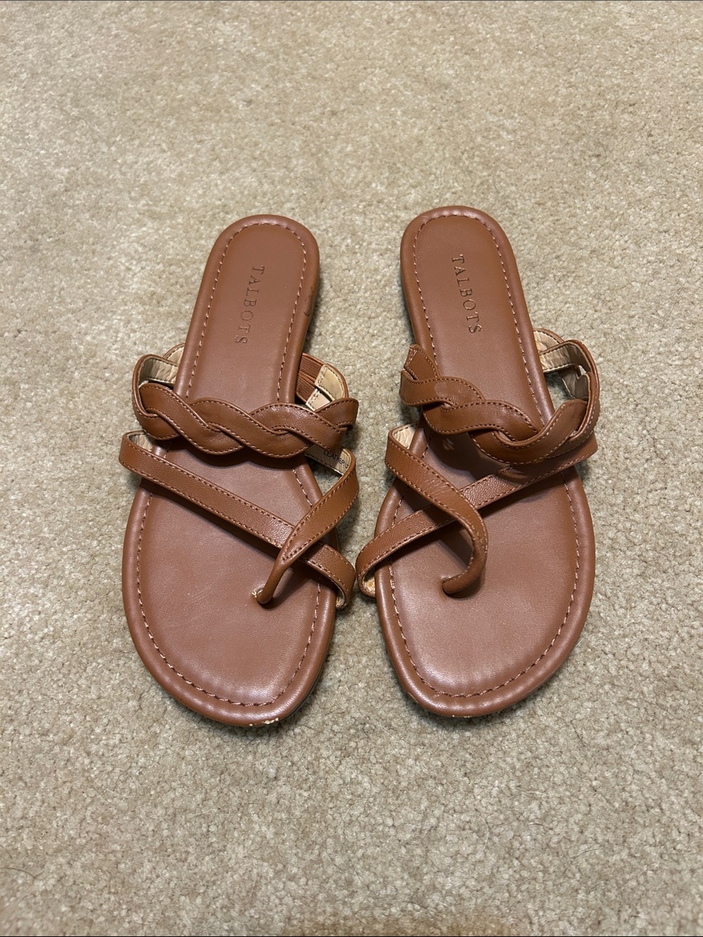 Talbots Tan Braided Leather Toe-Loop Slide Sandals